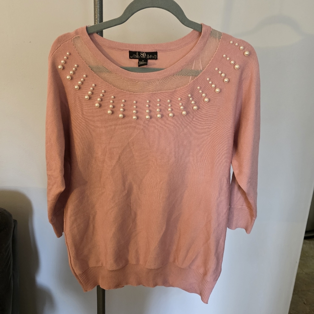 80 Paris Blouse With Pearled Neck Womens Rose Color Size Medium